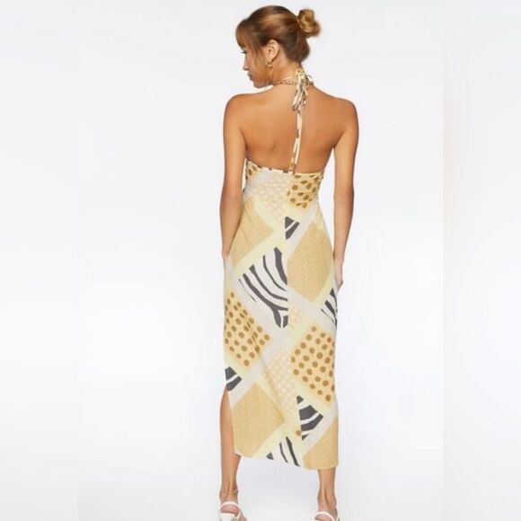Zebra Patternblock Halter Yellow Midi Dress NWT - Picture 2 of 6
